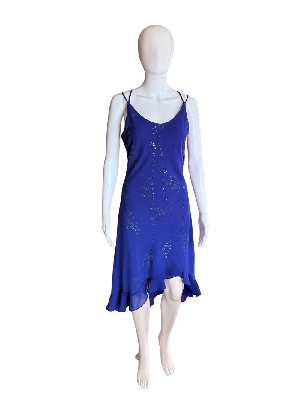 Vintage X-Nova Royal Blue Sequin Beaded Slip Asymmetrical Dress L